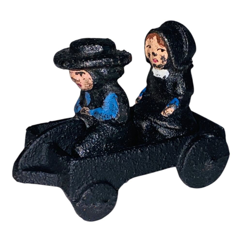 Vtg 1997 John Wright Cast Iron Amish PA Dutch Boy Girl Blue Black Wagon Figurine